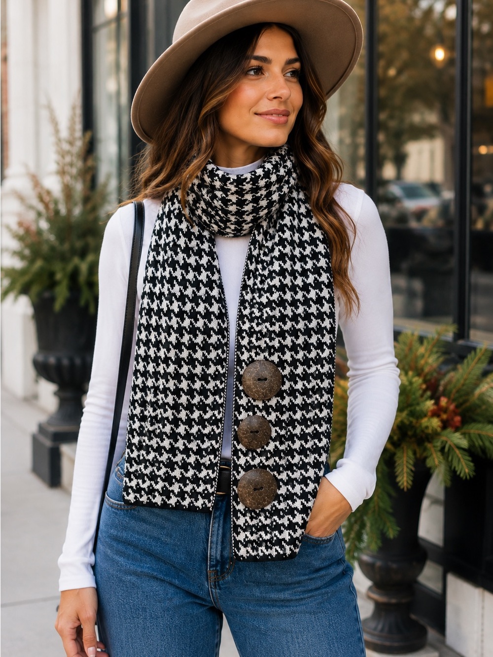 Houndstooth Button Detail Scarf - Black & White